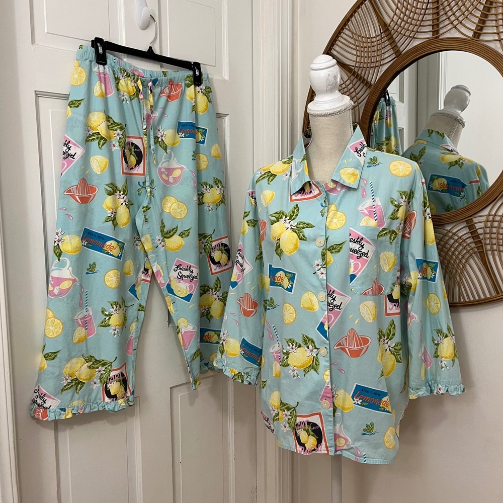 Nick & Nora Lemonade Pajama Set XXL Cotton Ruffle Fruit Print Whimsical